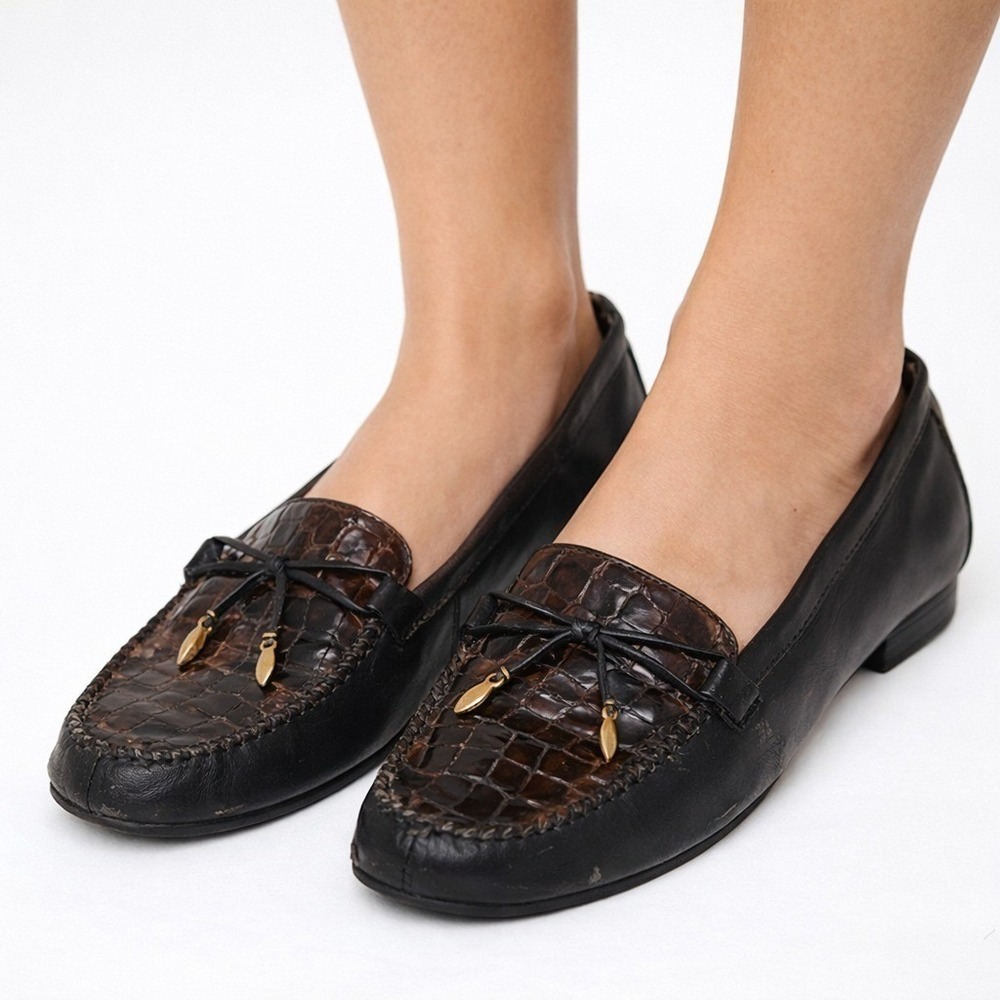 Mootsies Tootsies Martina Loafers Women's Size 7.5M Brown Faux Croc Slip On Bows